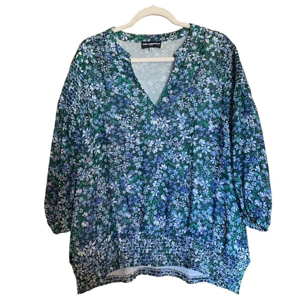 Karl Lagerfeld Paris Shirt Womens 1X Multicolor Floral Split Neck Blouse Top